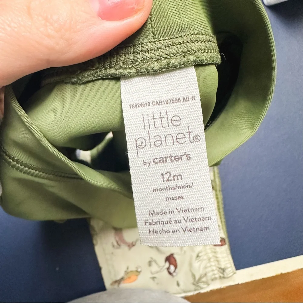 Carters Little Planet Olive Green & Safari Print Rashguard & Swim Trunks Sz 12M